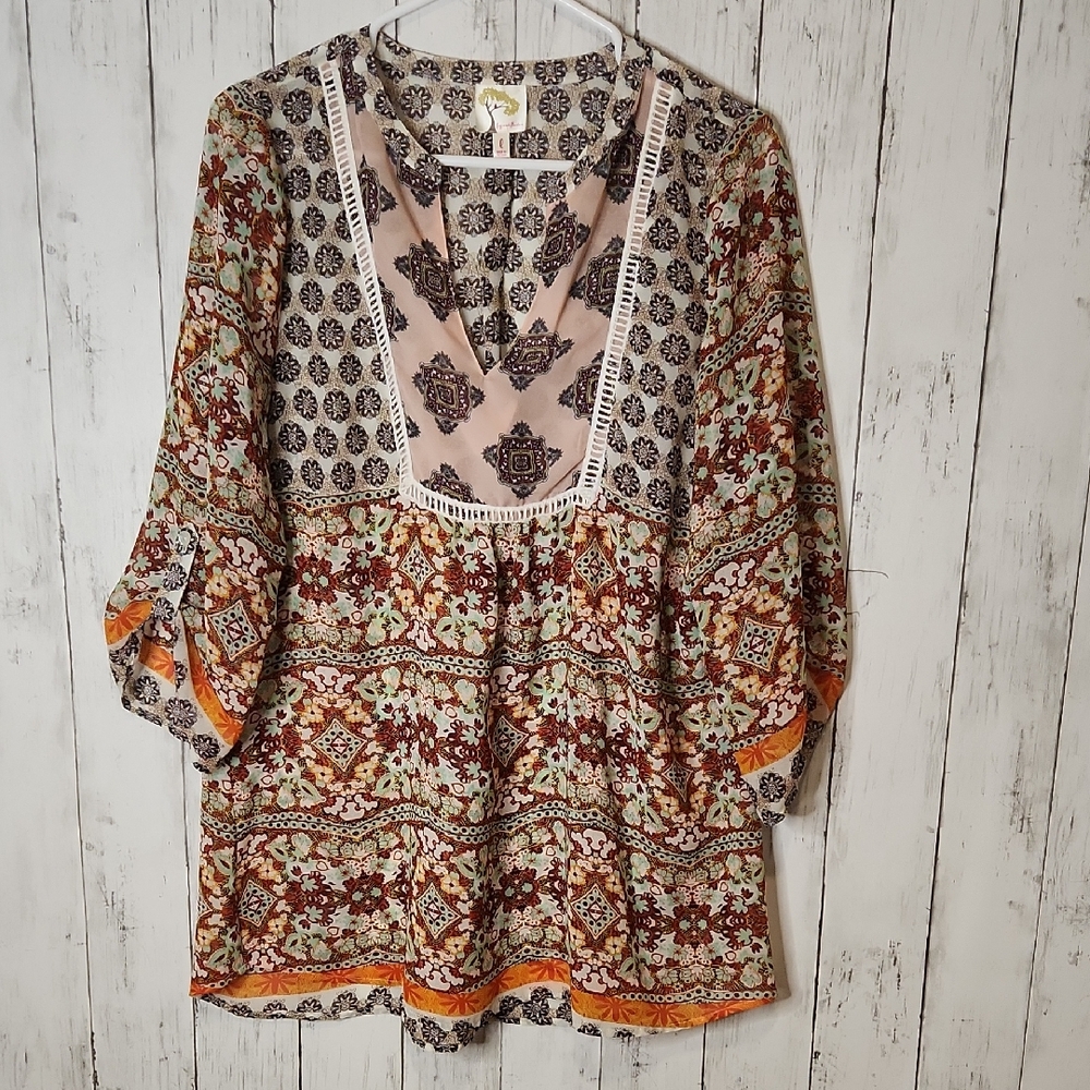 Boho Floral Patchwork Peasant Top - Cream, Brown & Orange